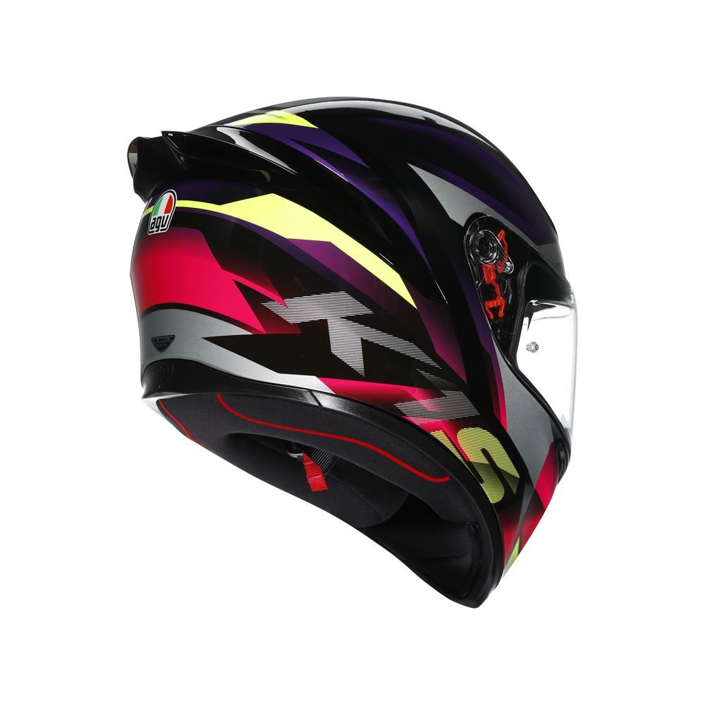 Rear view of AGV K1 S E2206 Fastlap Black Purple Pink helmet with racing-inspired graphics