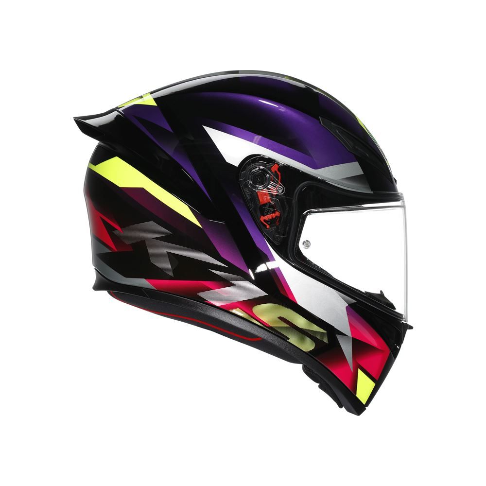 Side profile of AGV K1 S E2206 Fastlap Black Purple Pink helmet showing aerodynamic design