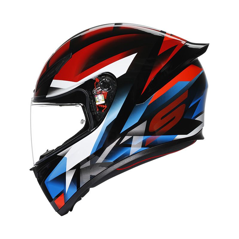 Colorful motorcycle helmet with a geometric pattern on a white background