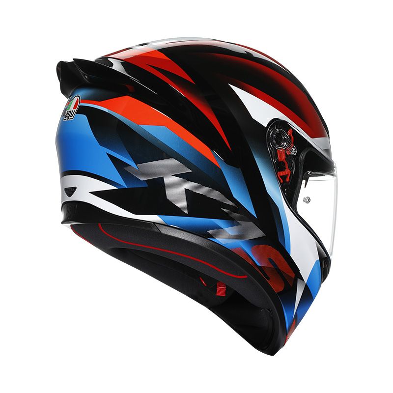 Colorful motorcycle helmet with a brand logo on a white background