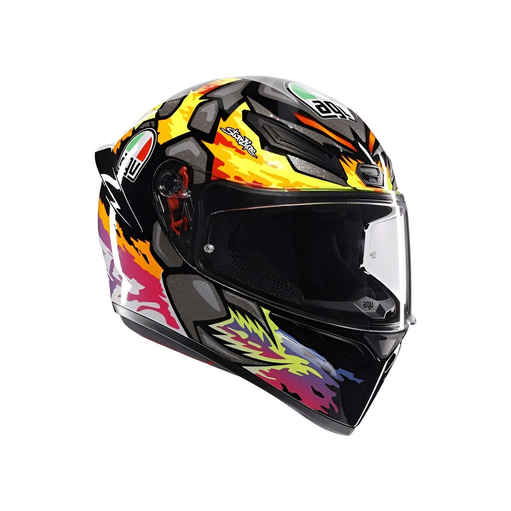 Colorful motorcycle helmet with a white background