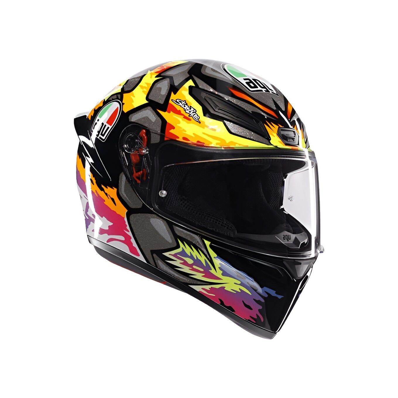 Colorful motorcycle helmet with a white background