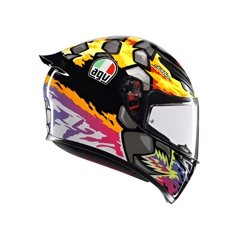 Colorful motorcycle helmet with AGV logo on a white background