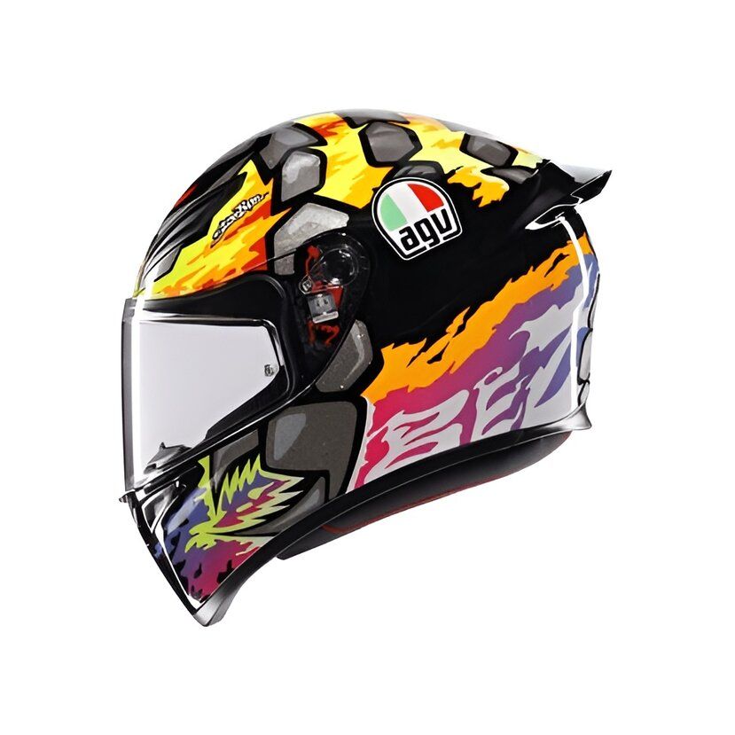 Colorful motorcycle helmet with brand logo on a white background