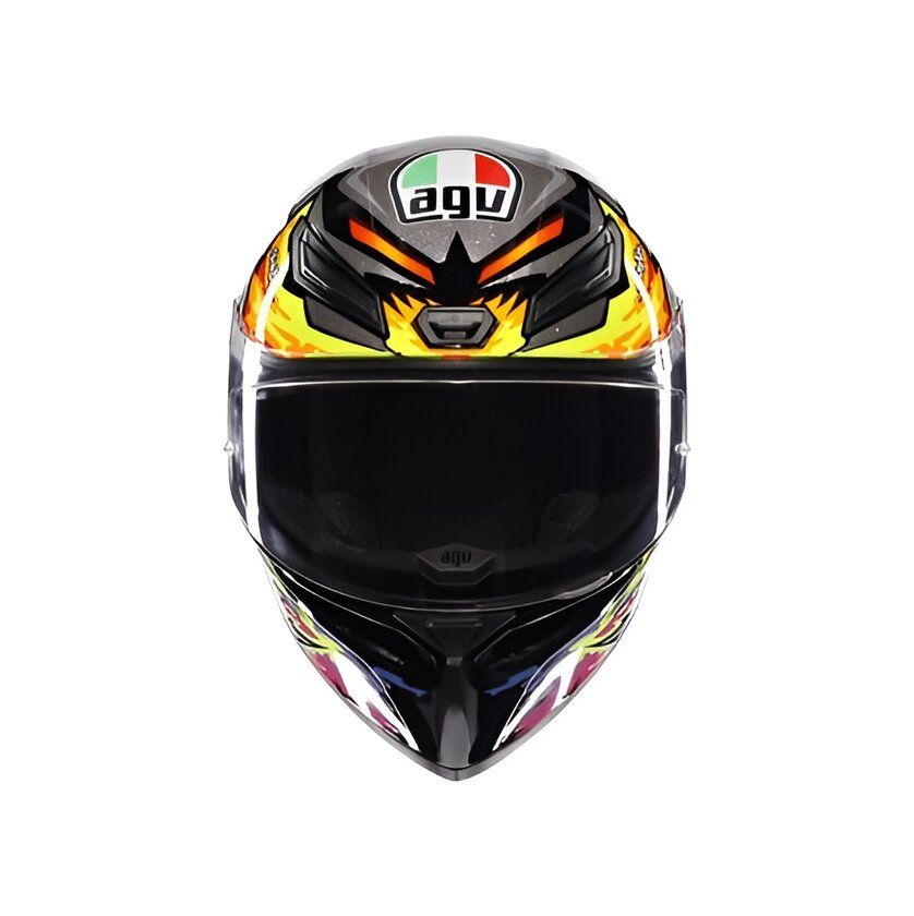 Motorcycle helmet with colorful design and Agv logo on a white background