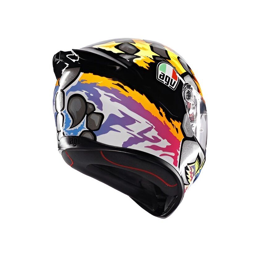 Colorful motorcycle helmet with AGV logo on a white background