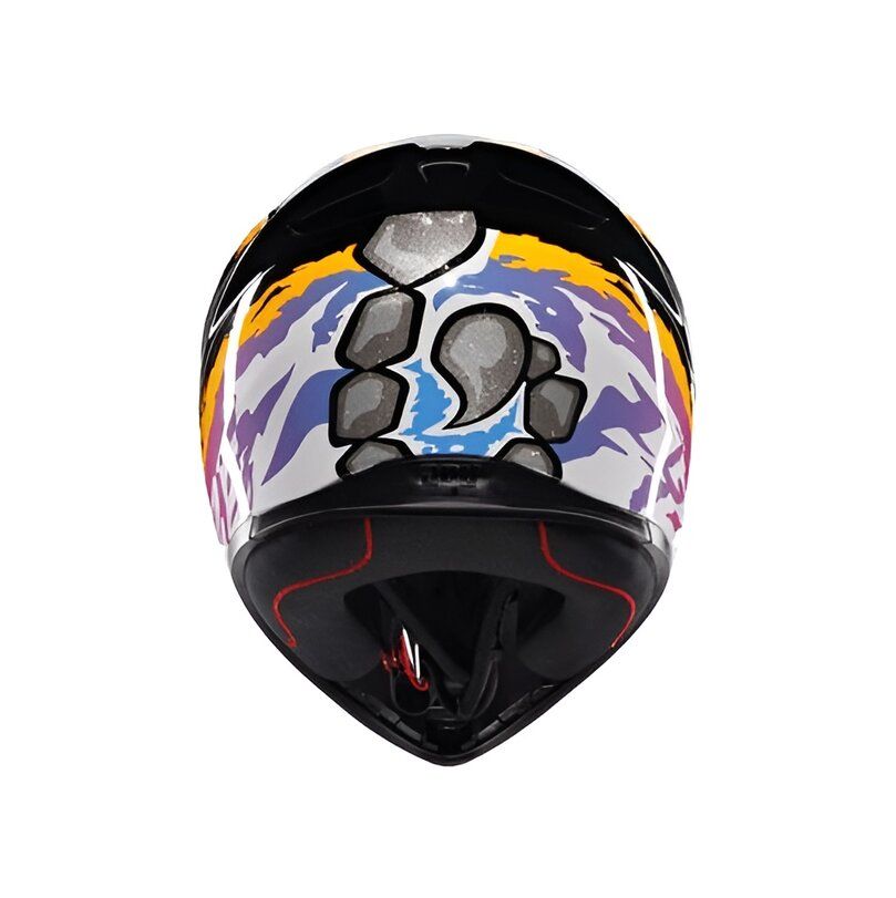 Colorful motorcycle helmet with abstract design on a white background