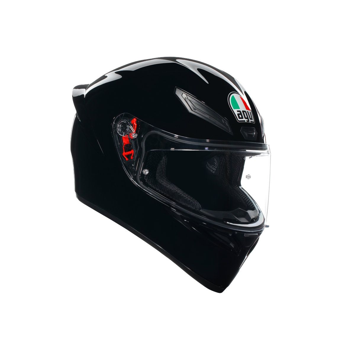 Black motorcycle helmet with clear visor on a white background