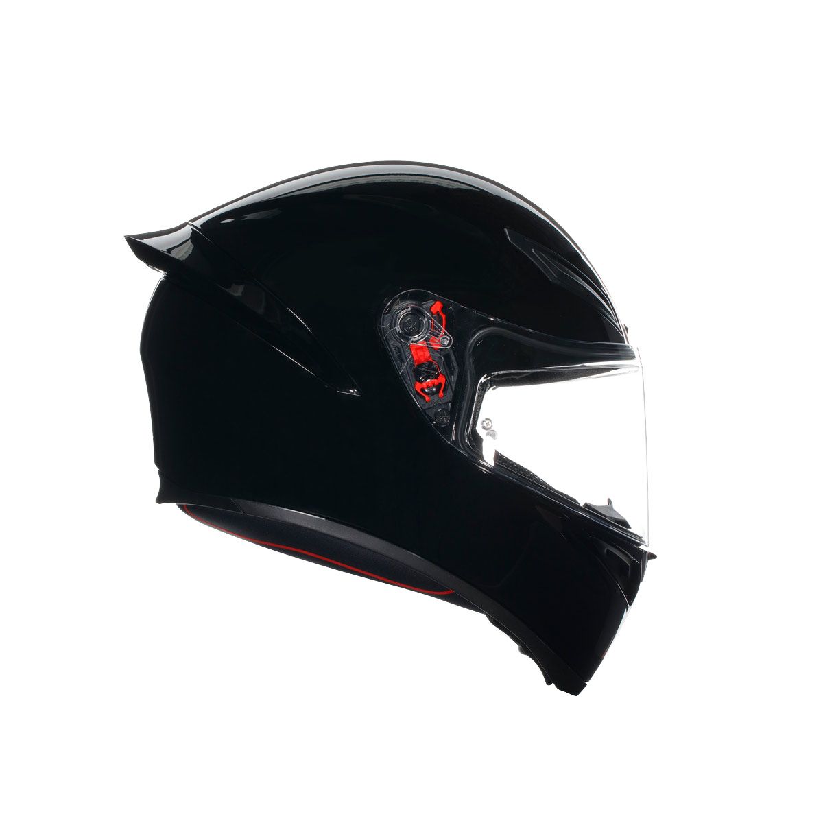 Black motorcycle helmet with clear visor on a white background
