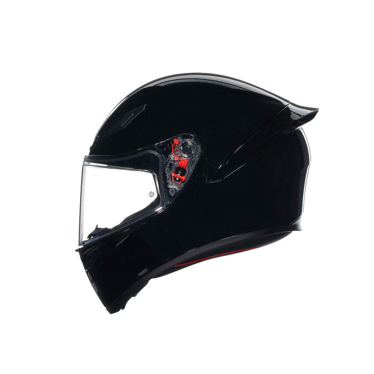 Black motorcycle helmet with clear visor on a white background