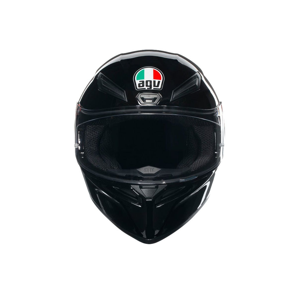 Black motorcycle helmet with AGV logo on a white background