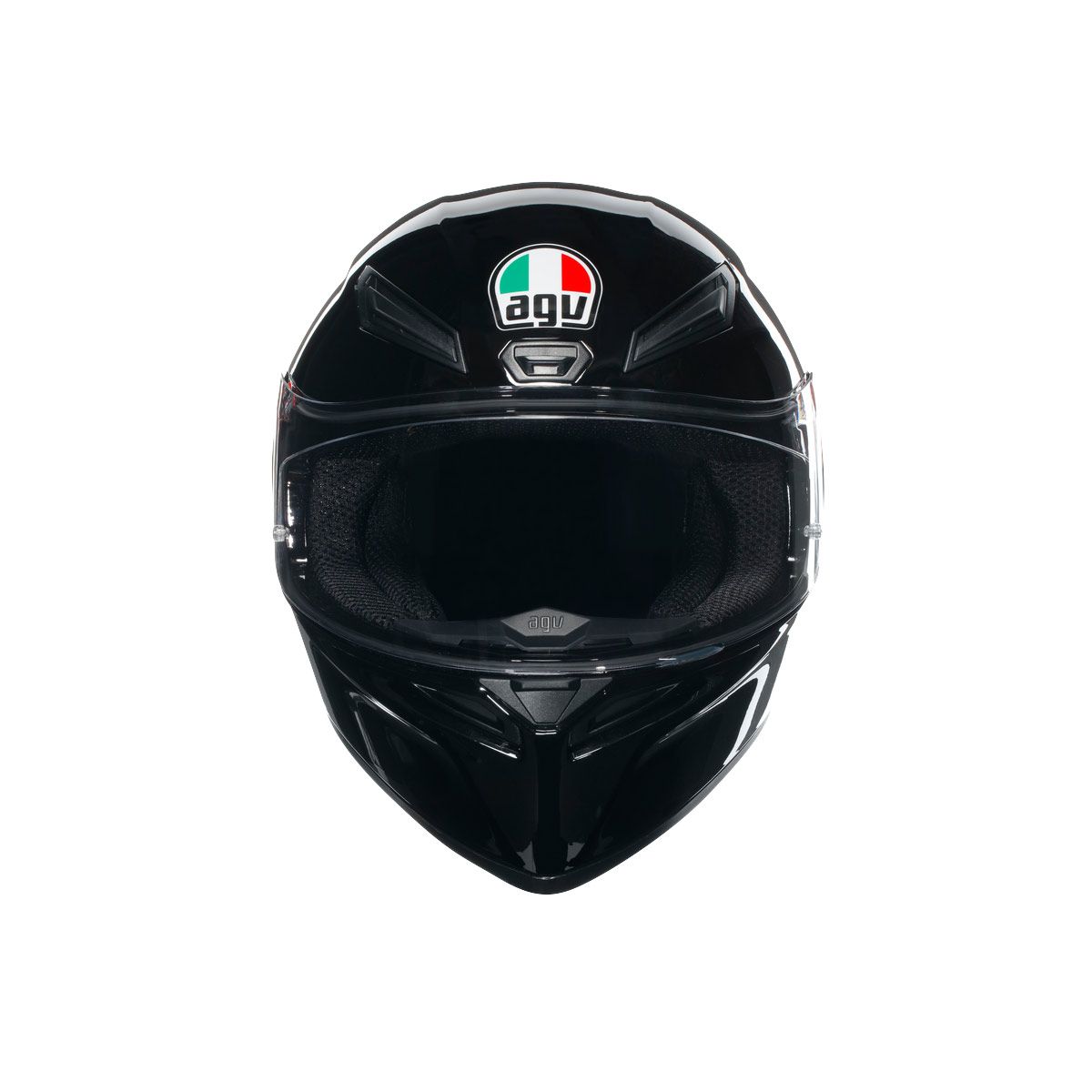 Black motorcycle helmet with AGV logo on a white background