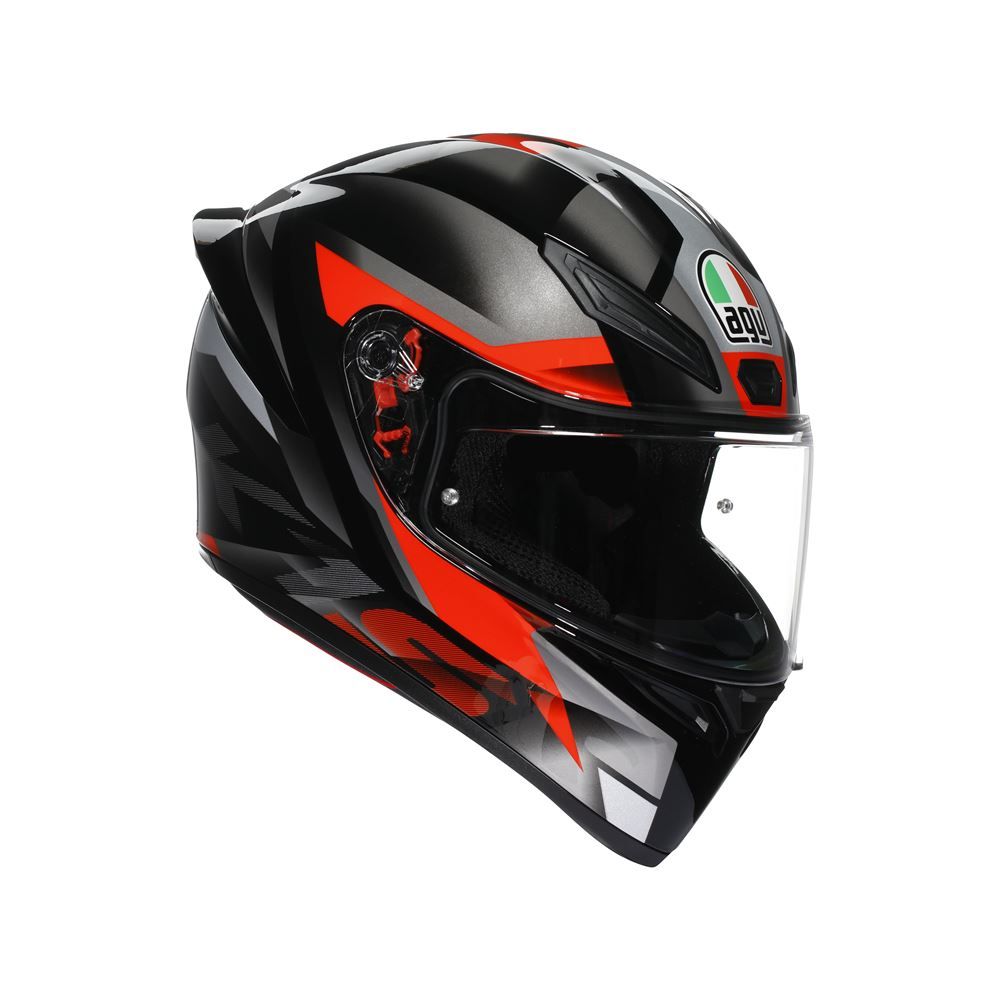 Black and red motorcycle helmet with a visible brand logo on a white background