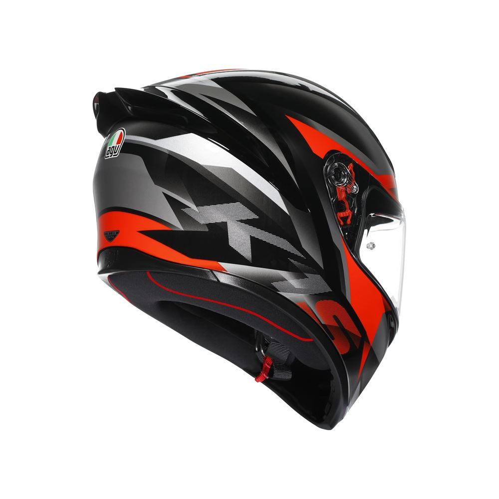 Black and red motorcycle helmet on a white background