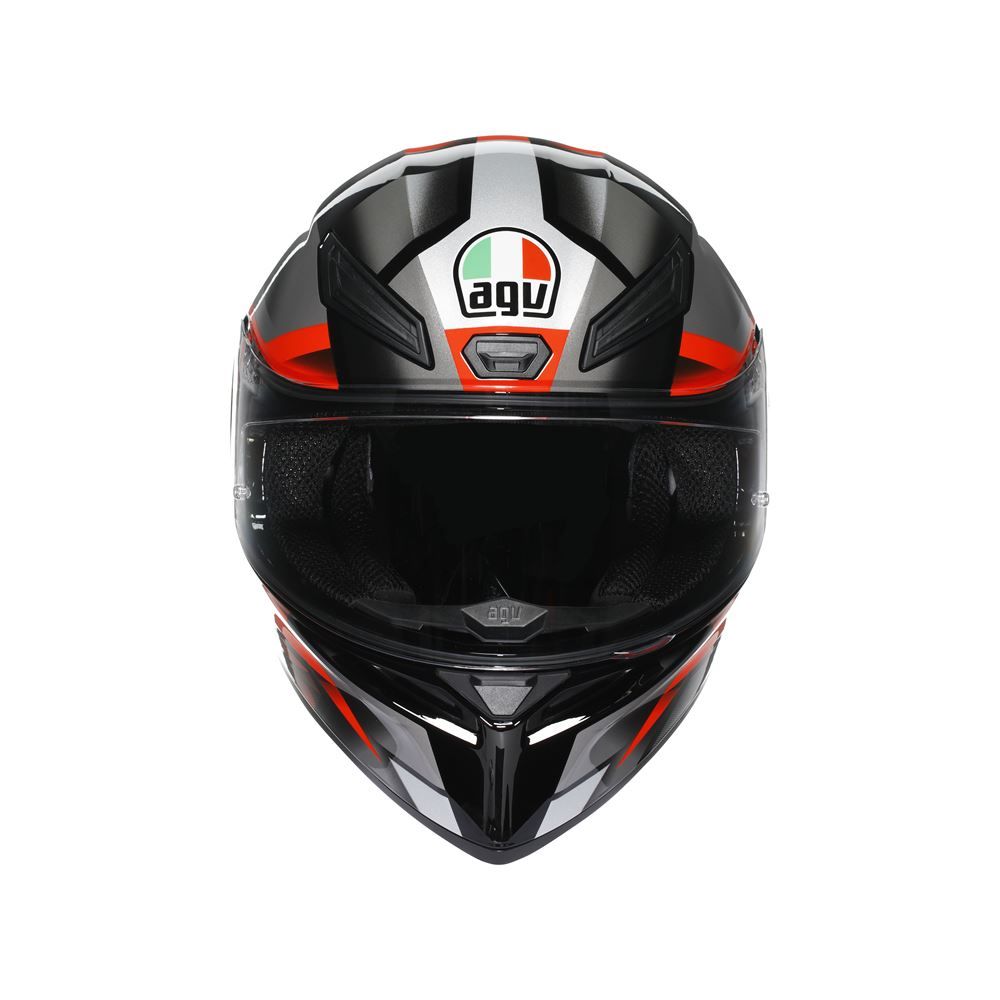 Black motorcycle helmet with red accents and Agv logo on a white background