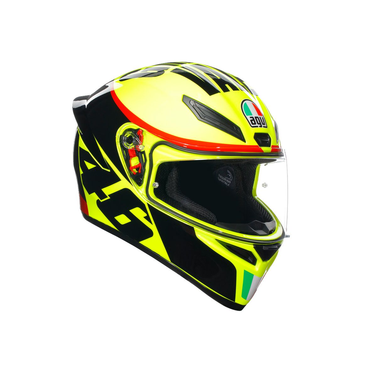 Colorful motorcycle helmet with brand logo on a white background