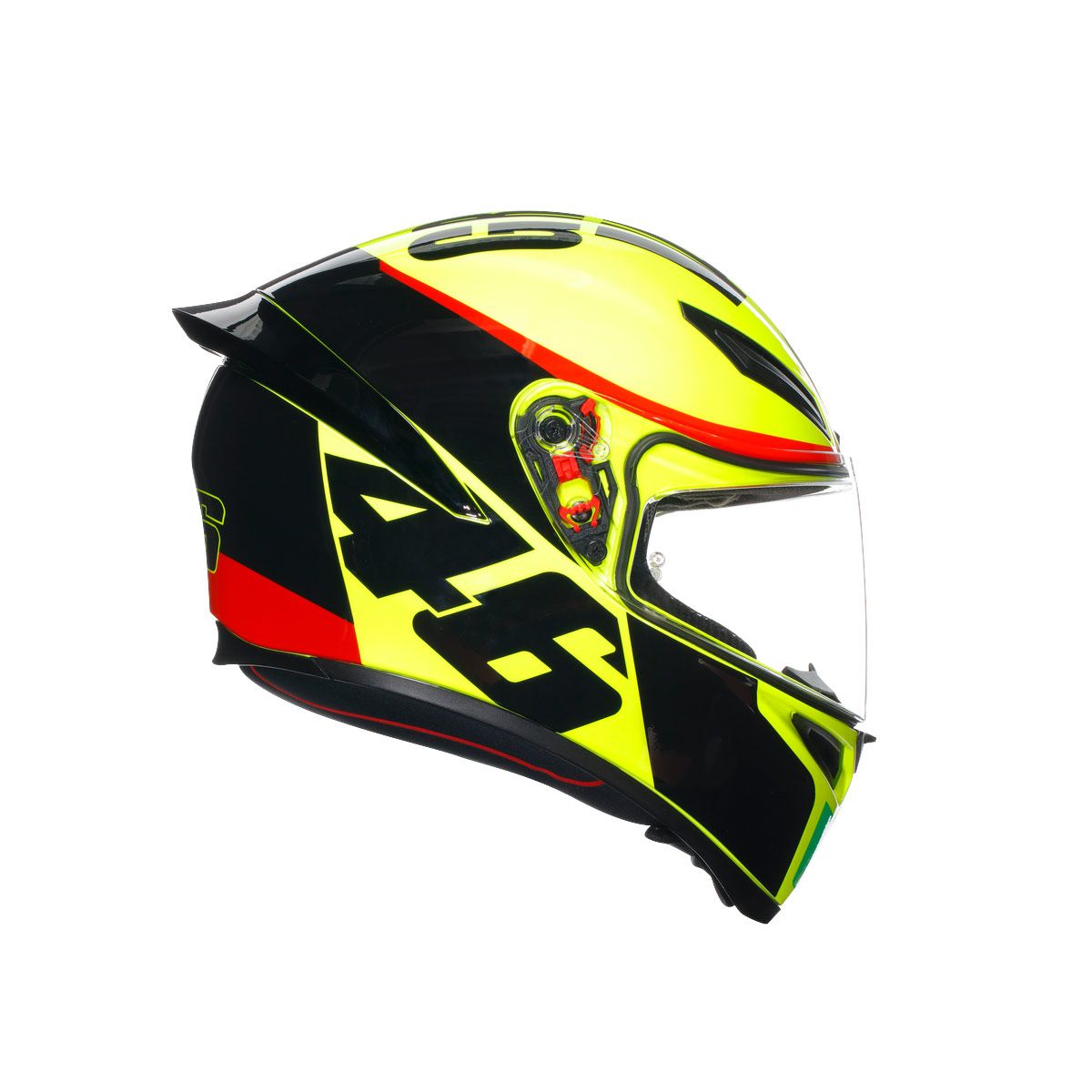 Motorcycle helmet with a prominent brand logo on a white background
