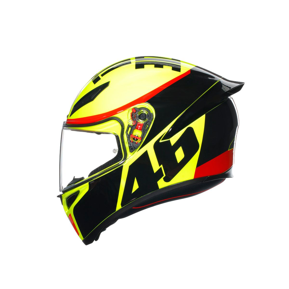 Motorcycle helmet with black, yellow, and red design on a white background