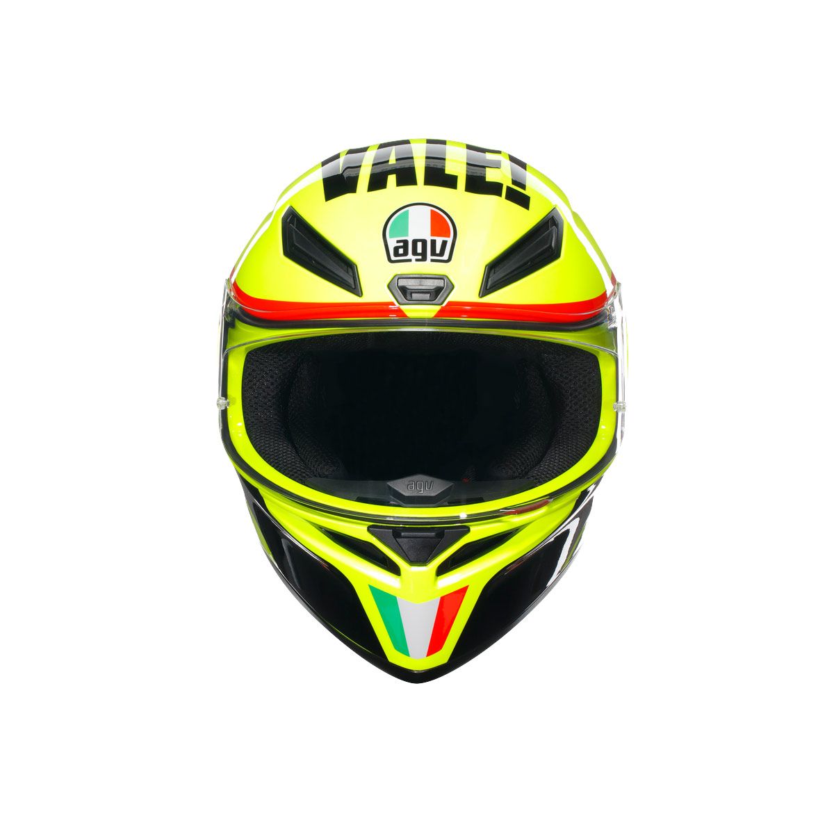 Yellow and black motorcycle helmet with AGV branding on a white background