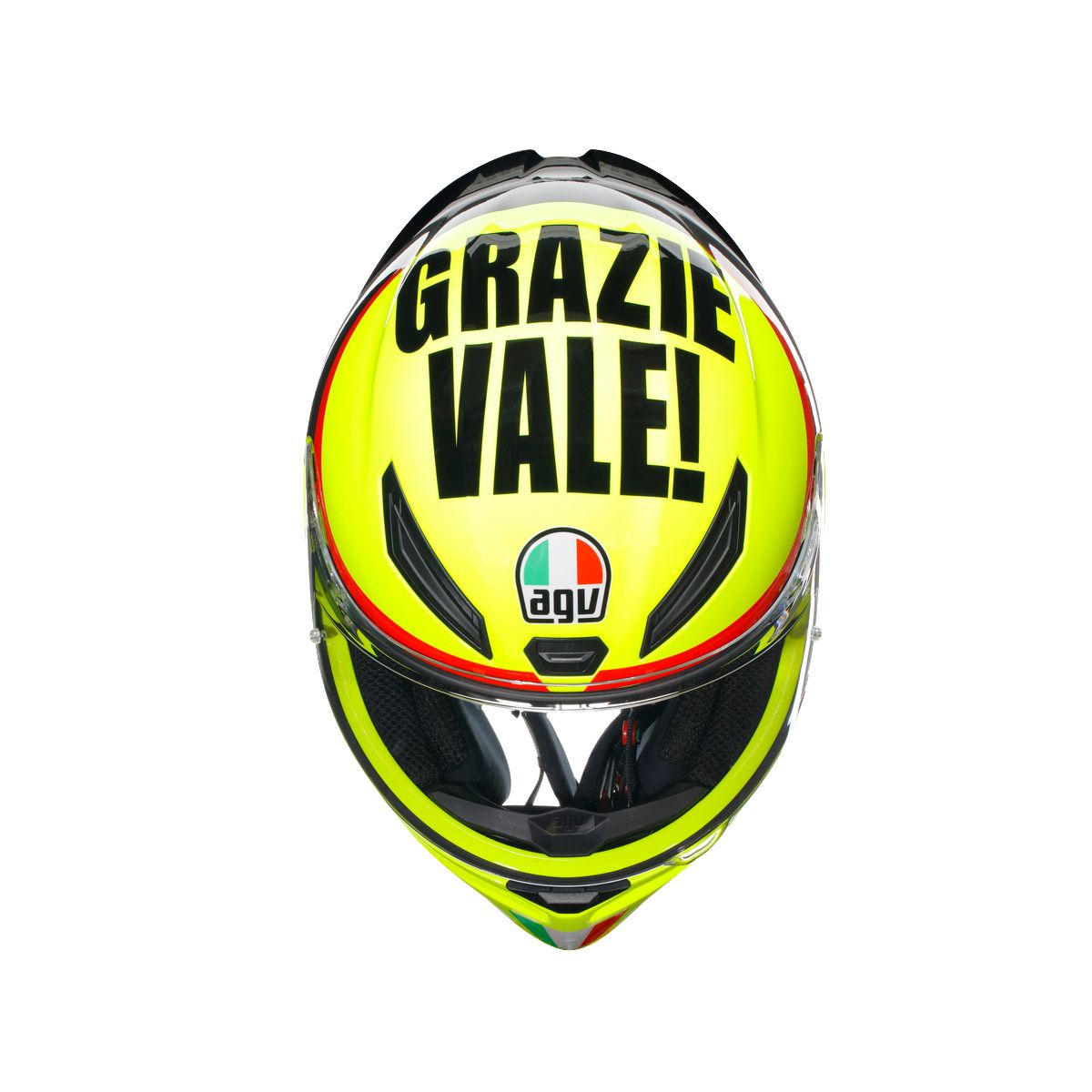Motorcycle helmet with 'Grazie Vale!' text and AGV logo on a white background
