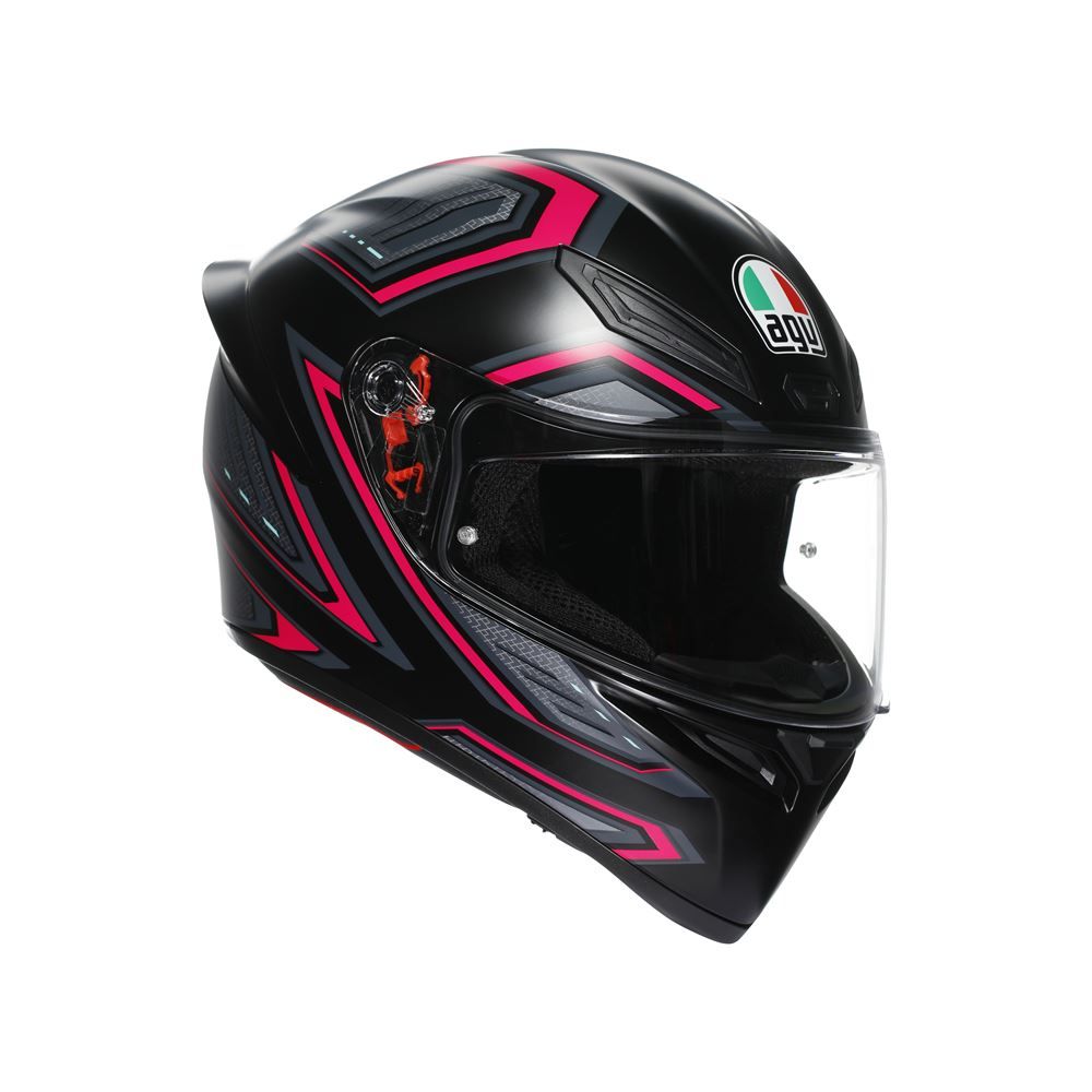 Black and red motorcycle helmet with visible branding on a white background