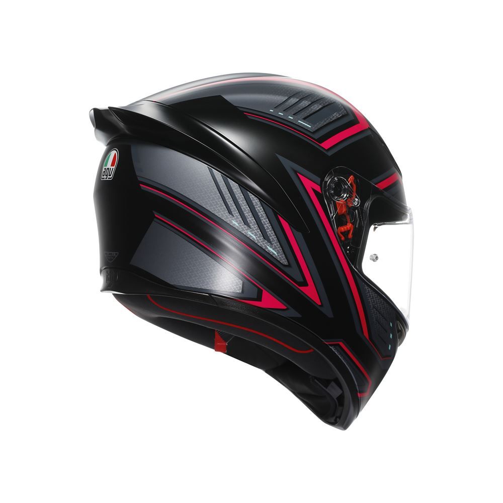 Black and red motorcycle helmet with clear visor on a white background