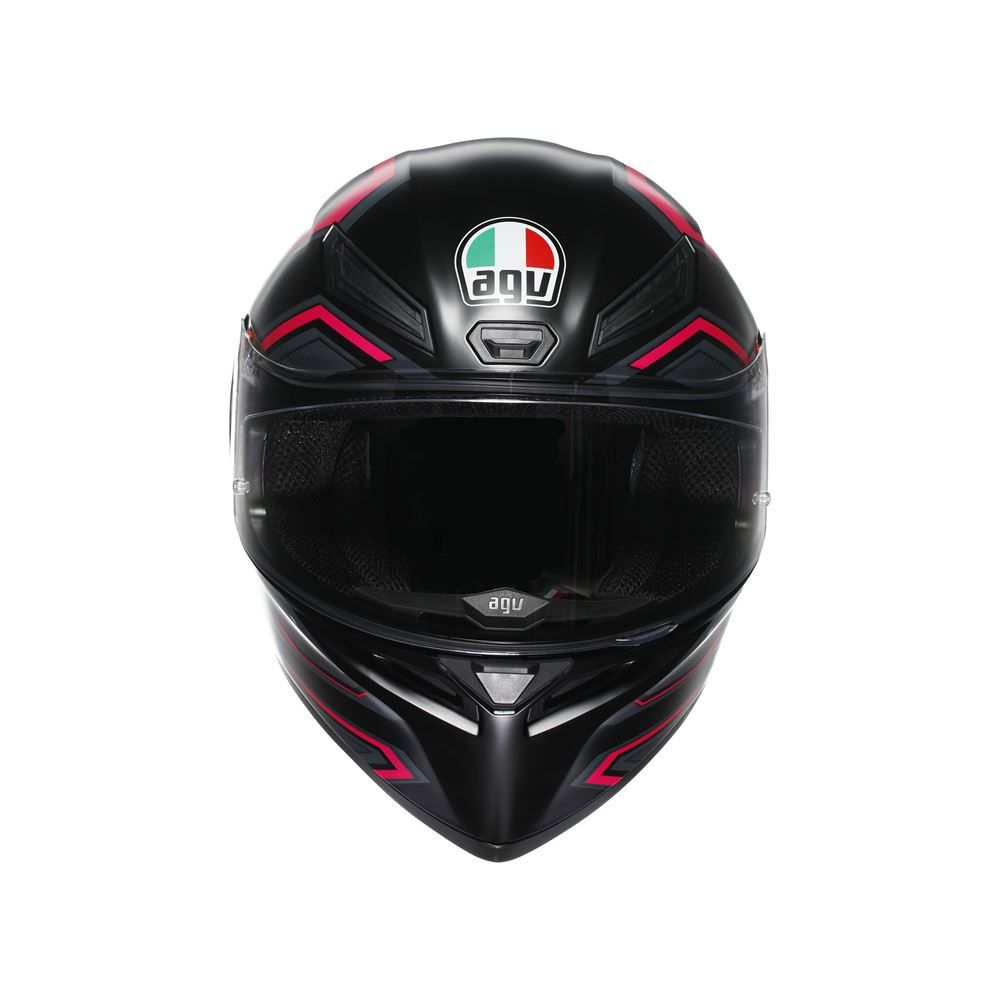 Black motorcycle helmet with red accents and Agv logo on a white background