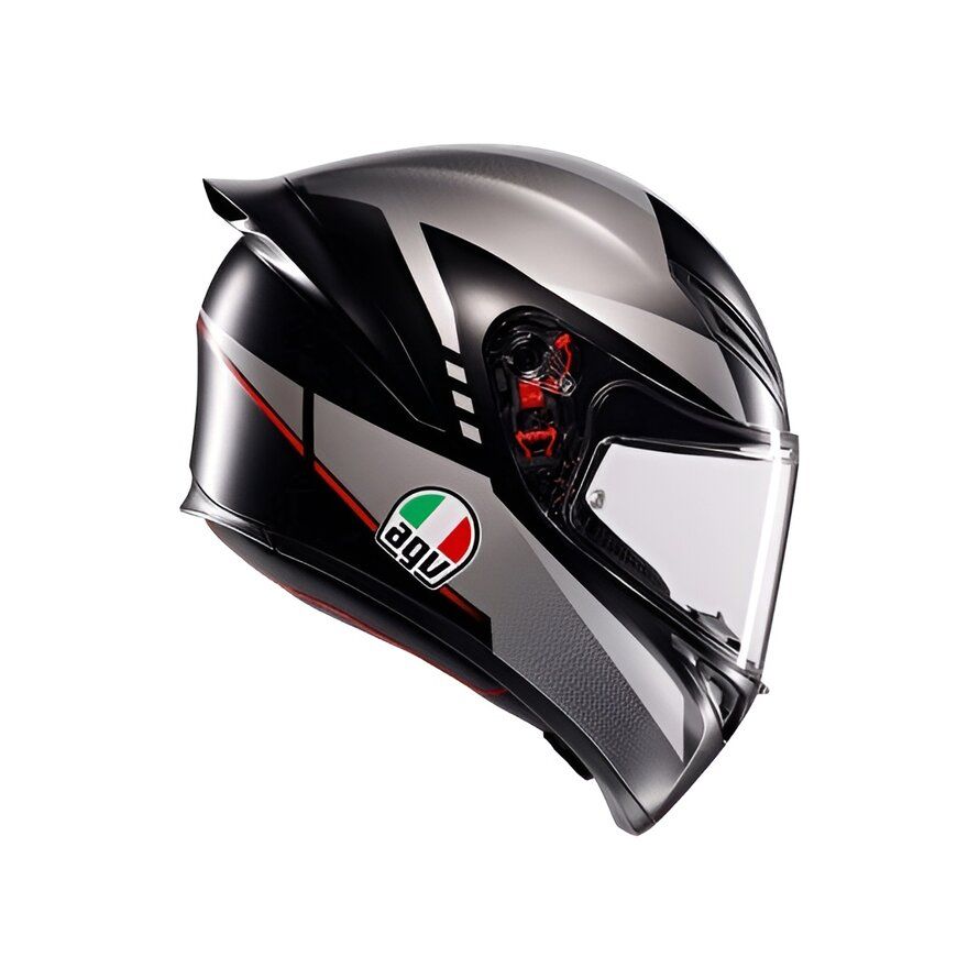 Motorcycle helmet with clear visor and AGV logo on a white background