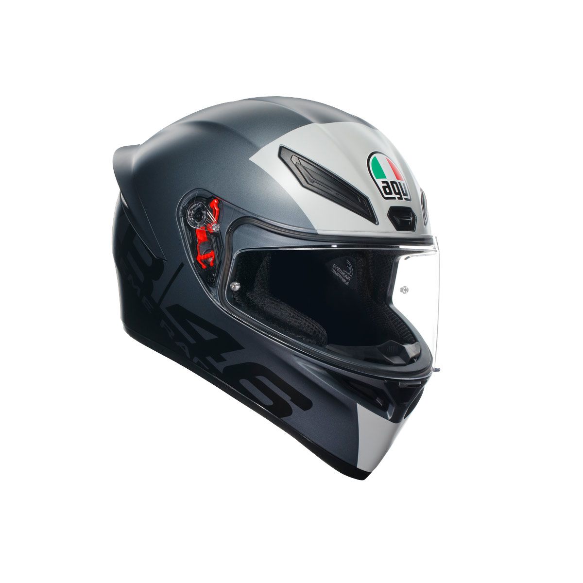 Motorcycle helmet with brand logo on a white background