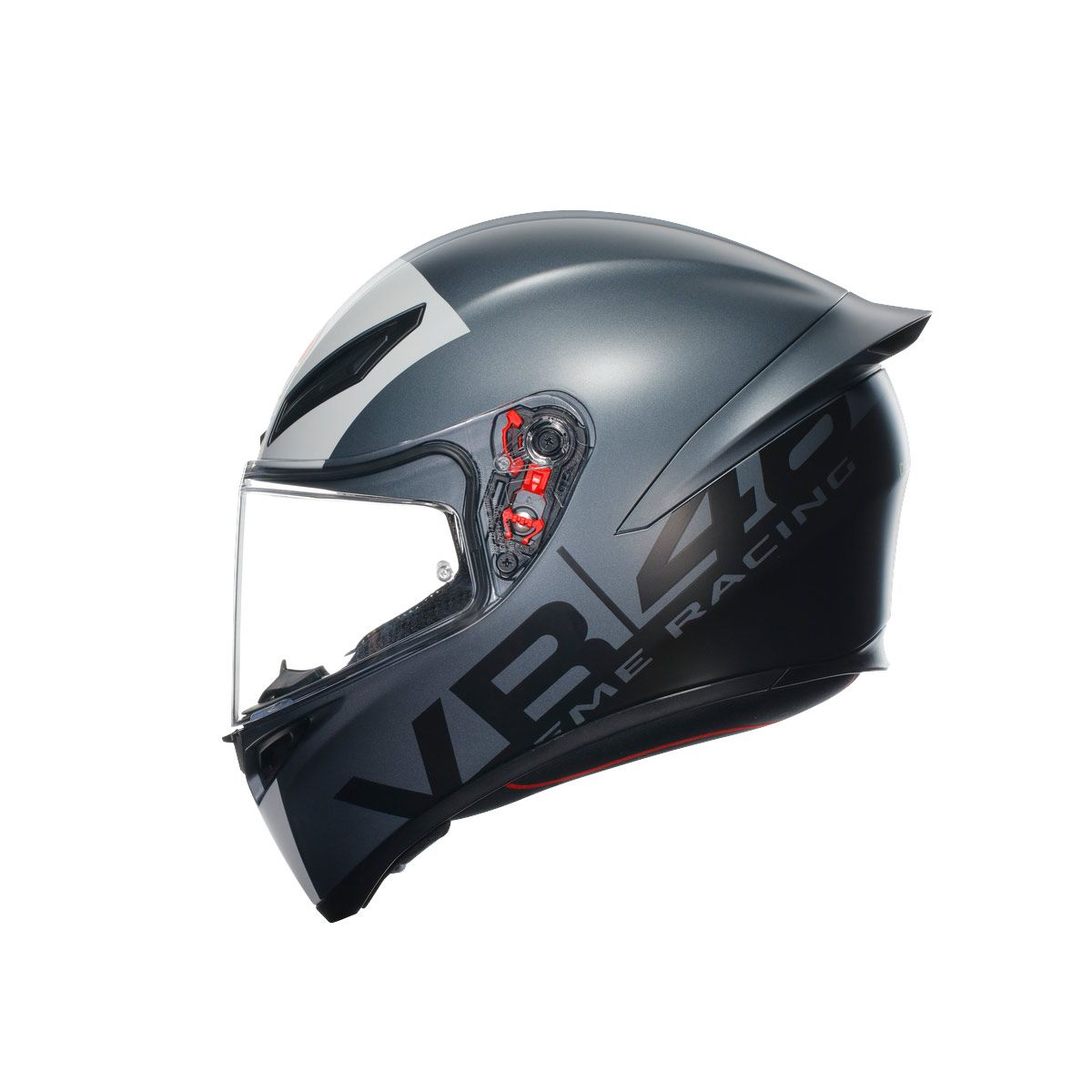 Gray motorcycle helmet with 'VR-46' branding on a white background