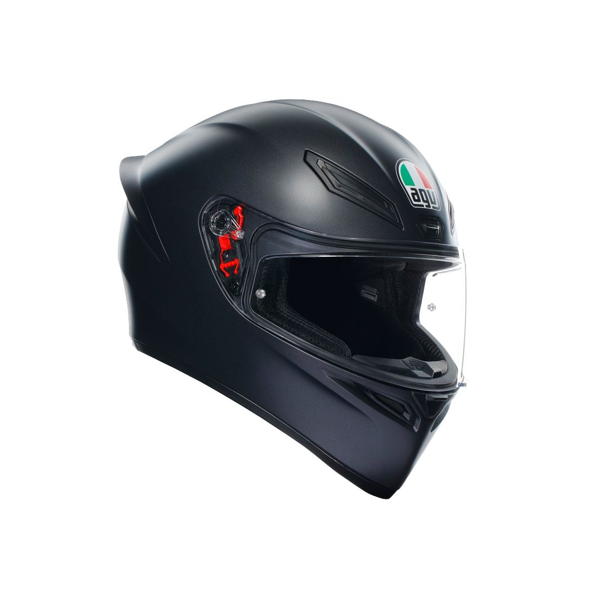 Black motorcycle helmet with clear visor on a white background