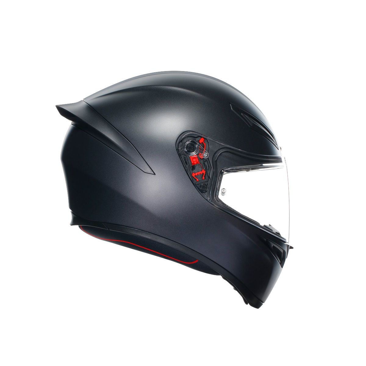 Black motorcycle helmet with clear visor on a white background