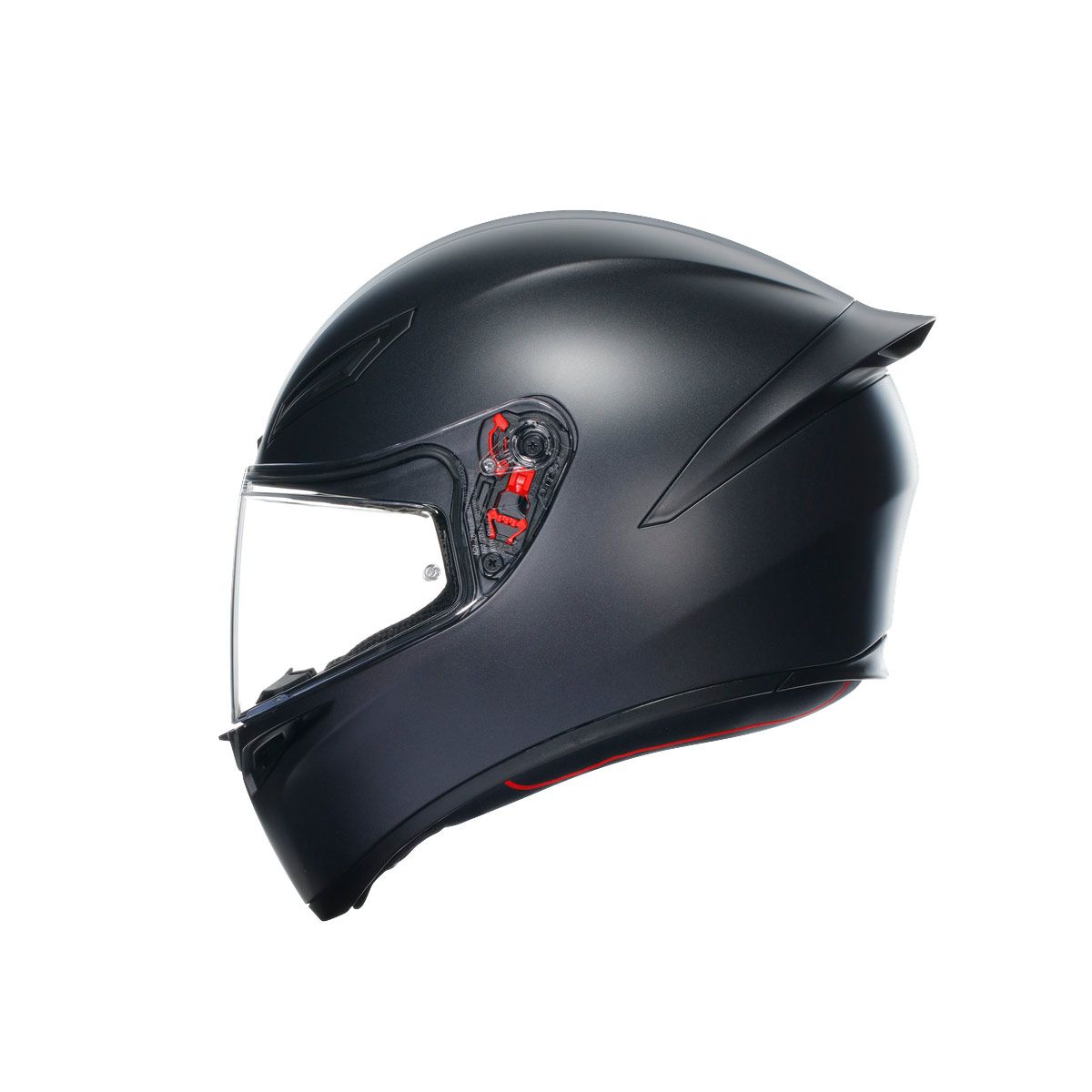 Black motorcycle helmet with a clear visor on a white background