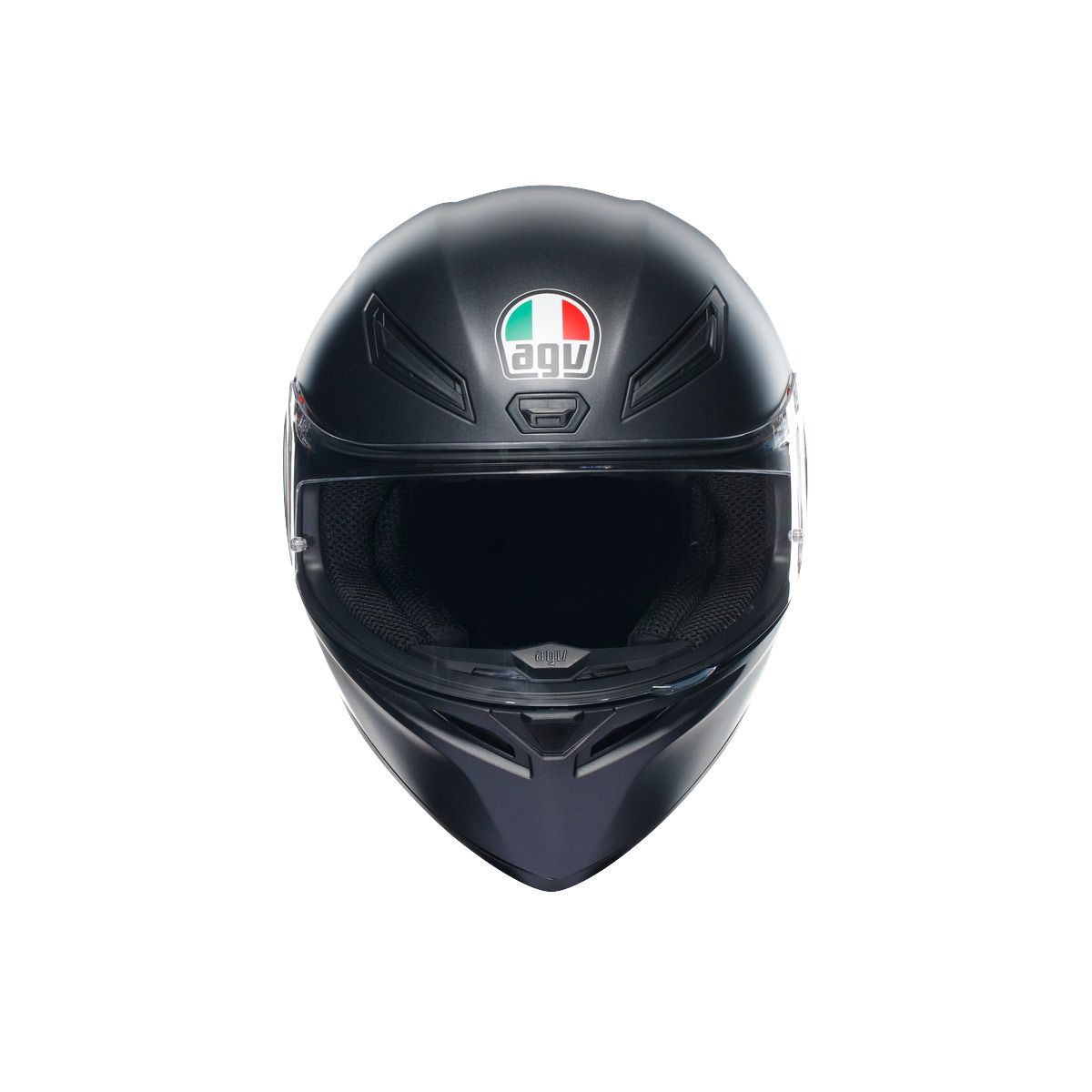 Black motorcycle helmet with a visible brand logo on a white background