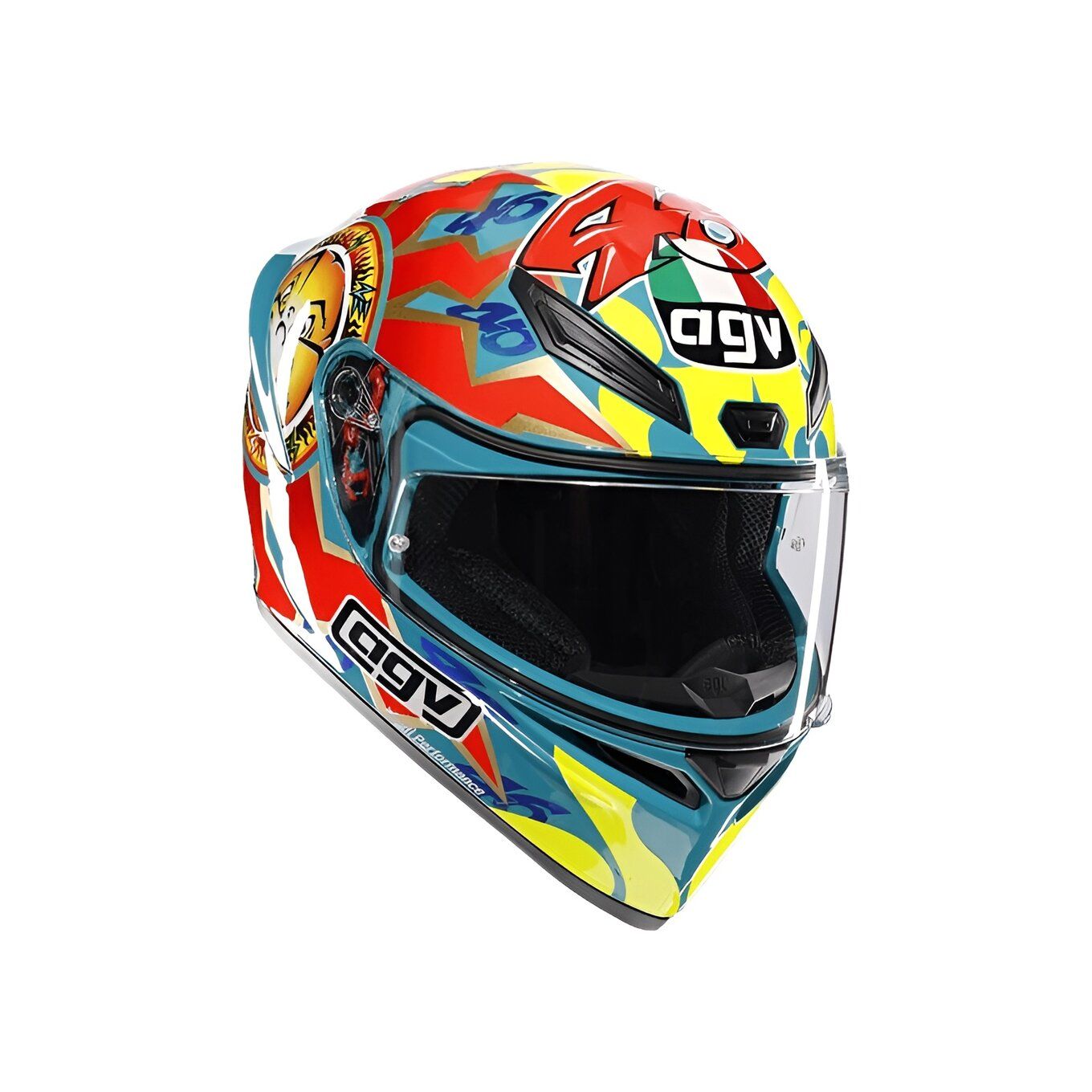 Colorful motorcycle helmet with brand logos on a white background