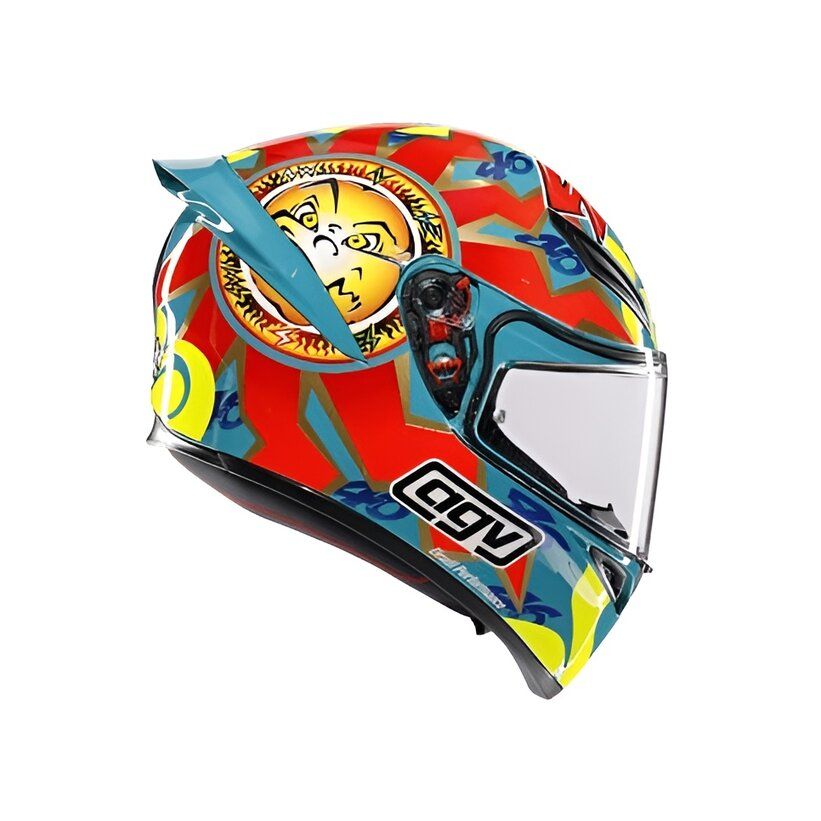 Colorful motorcycle helmet with a brand logo on a white background