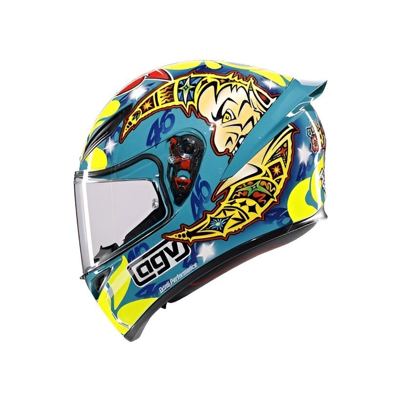 Colorful motorcycle helmet with brand logo on a white background