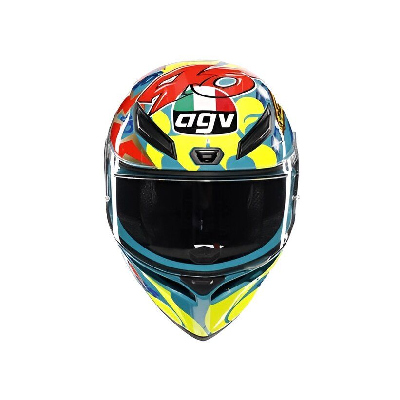 Colorful motorcycle helmet with AGV branding on a white background