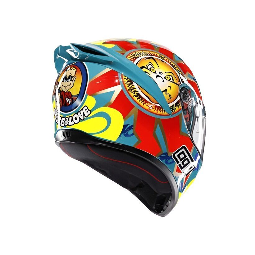 Colorful motorcycle helmet with cartoon character design on a white background