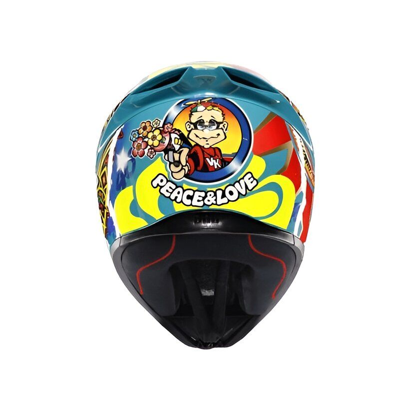 Colorful motorcycle helmet with cartoon design and 'Peace & Love' text on a white background