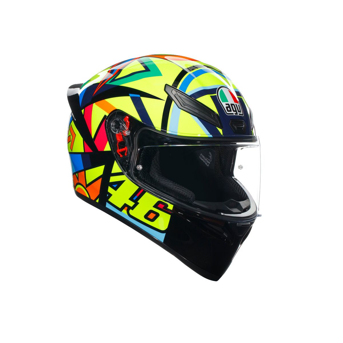 Colorful motorcycle helmet with brand logo on a white background