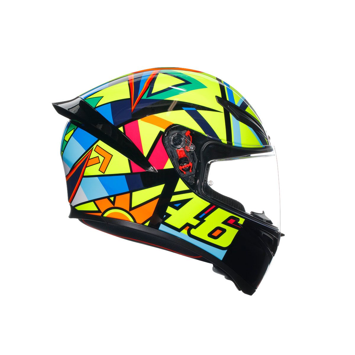 Colorful motorcycle helmet with geometric pattern and number 46 on a white background