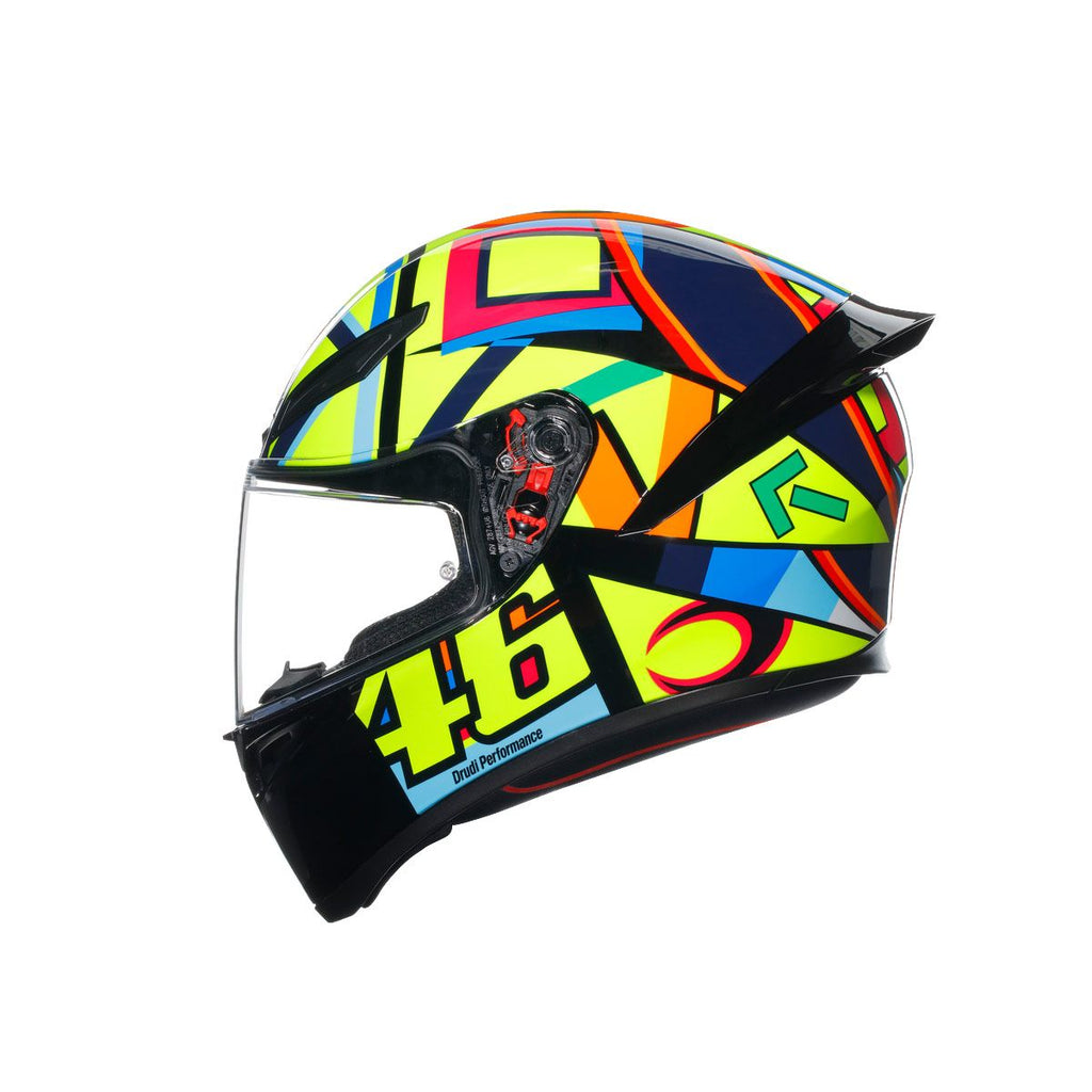 Colorful motorcycle helmet with a pattern and number '46' on a white background
