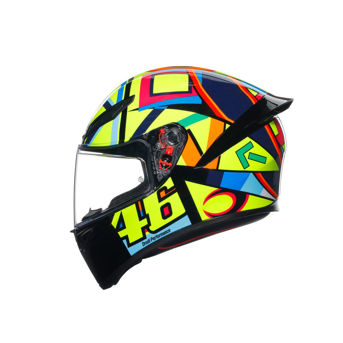 Colorful motorcycle helmet with a pattern and number '46' on a white background