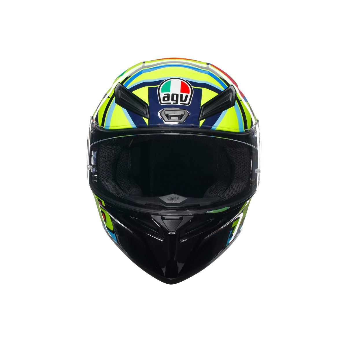 Motorcycle helmet with colorful design and visible brand logo on a white background