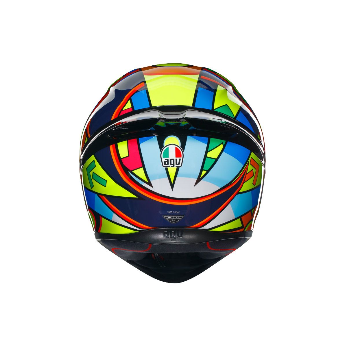 Colorful motorcycle helmet with a brand logo on a white background