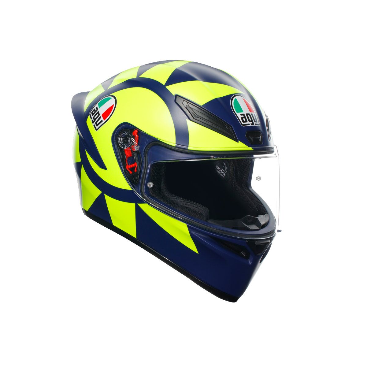 Motorcycle helmet with blue and yellow design on a white background