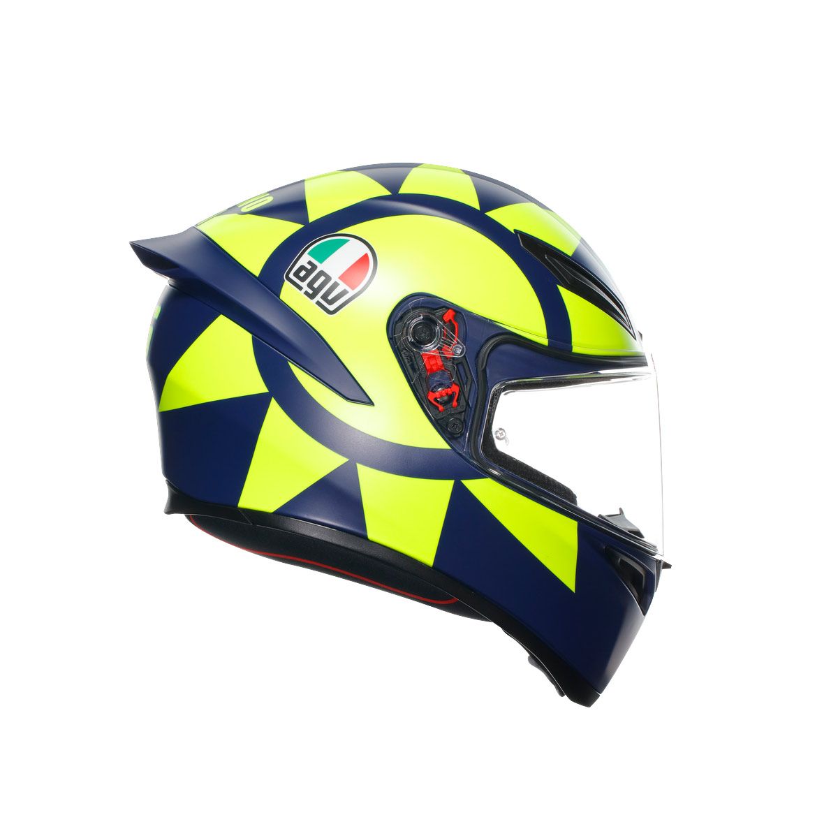Motorcycle helmet with blue and yellow design on a white background