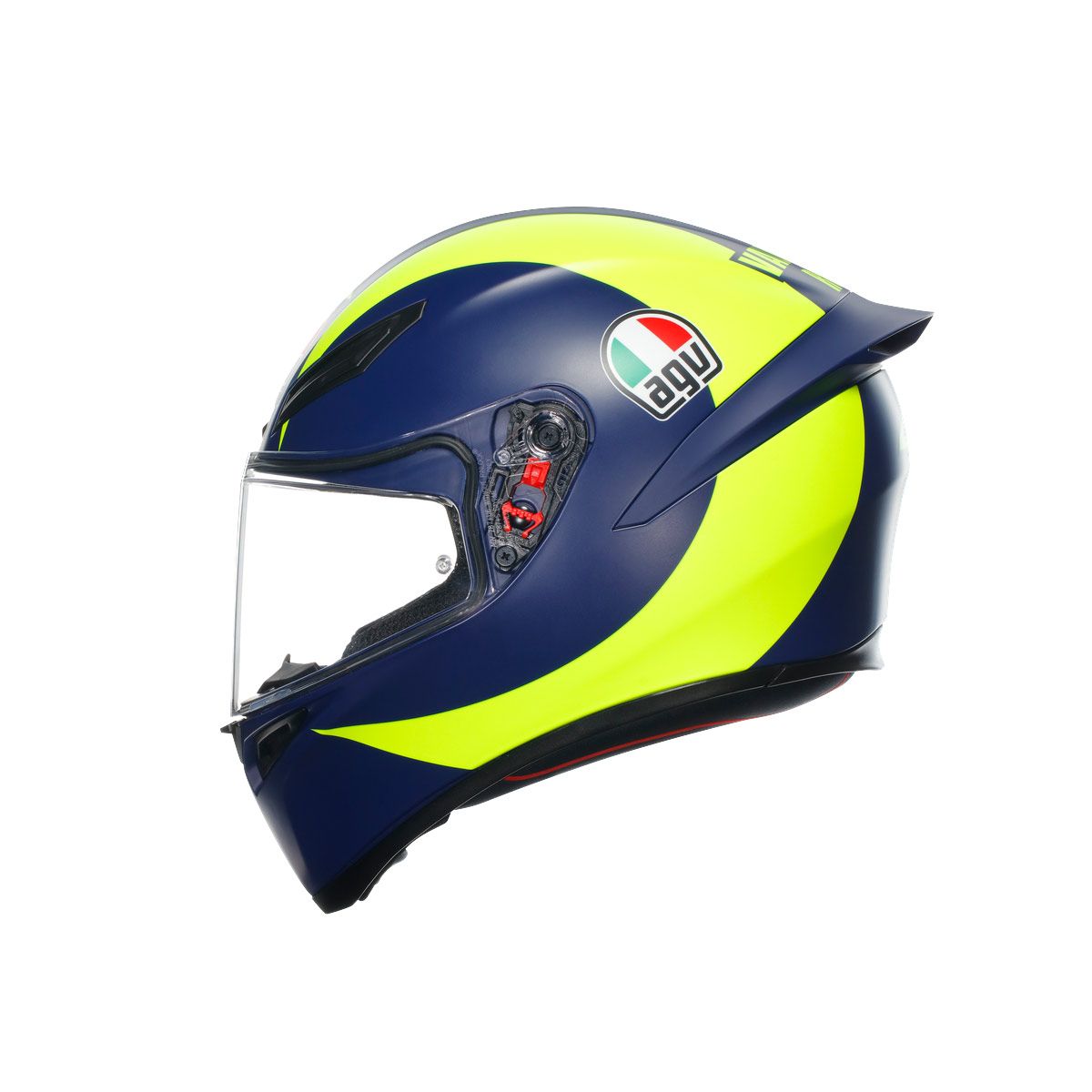 Blue and yellow helmet with Agv logo on a white background