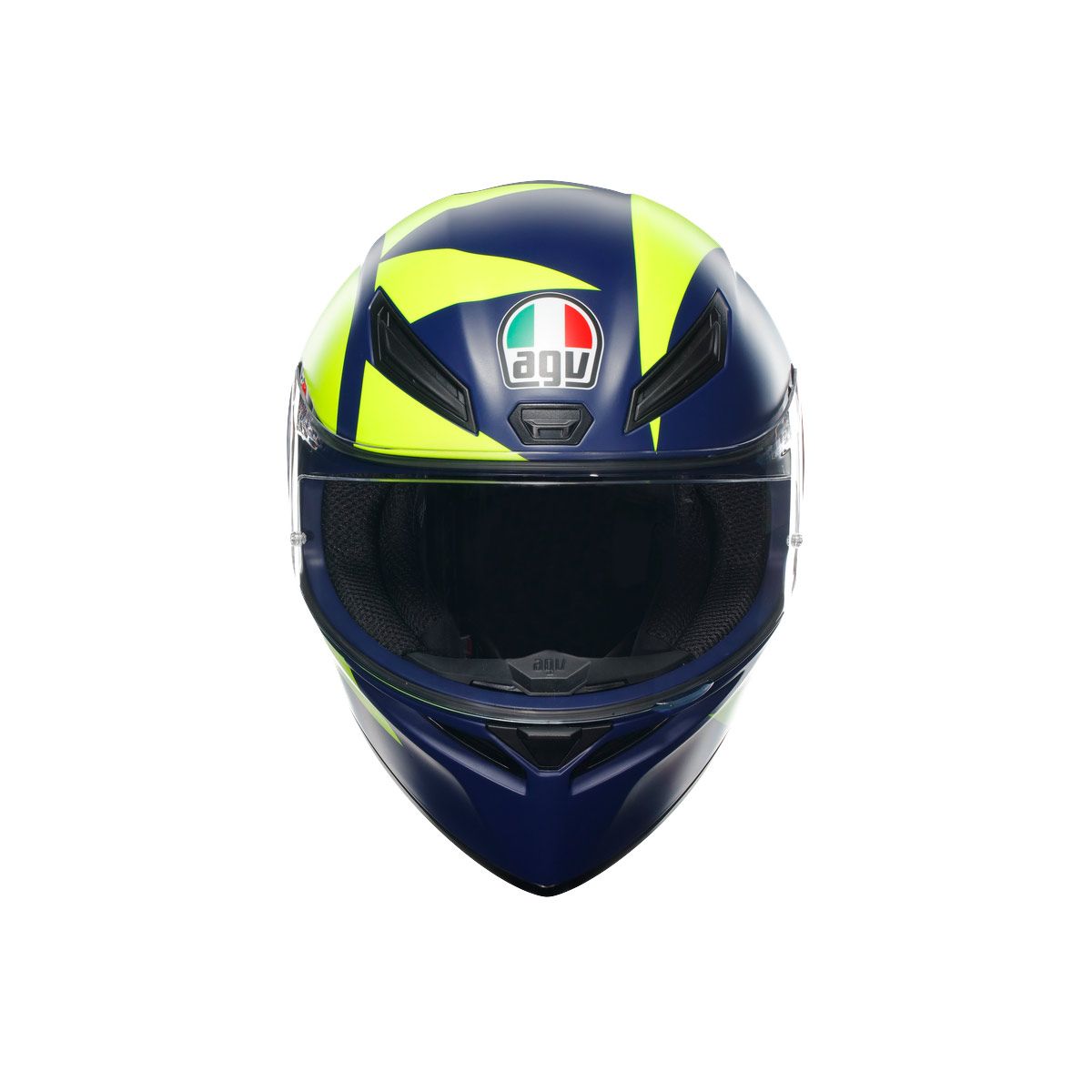 Blue and yellow motorcycle helmet with a brand logo on a white background